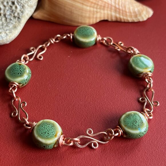Boho Ceramic Bead Bracelet Copper Swirl Boho Handmade Jewelry Green - Picture 5 of 6